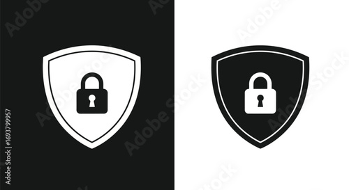 Vector illustration of simple graphic icons of a shield with a padlock, one on a and one on a