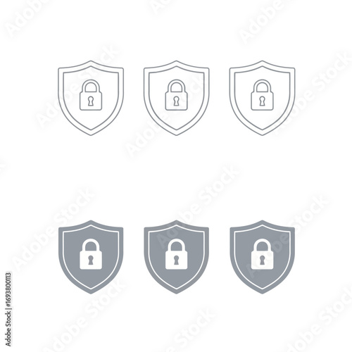 Vector illustration of six shield icons with padlock symbol, three outlined and three filled grey