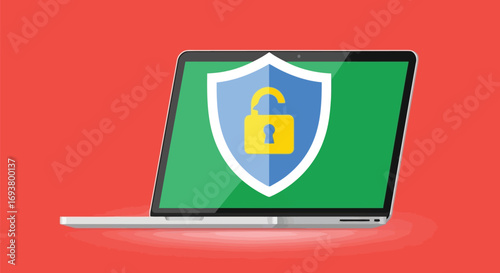 Vector illustration of laptop screen displays a shield with an unlocked padlock, symbolizing digital security and data protection against cyber threats
