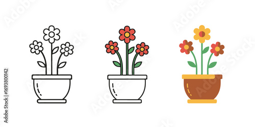 flower pots icon with colourful flowers. simple flower vase symbol. transparent png and vector illustration