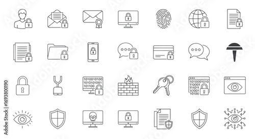Vector illustration of collection of line art icons representing various aspects of digital security, privacy, and data protection concepts