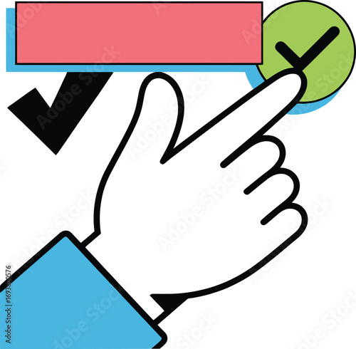 Hand selecting and confirming choice with checkmark symbol for successful outcome