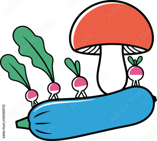 Whimsical coon mushroom and radishes ride a zucchini on white background