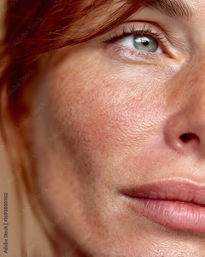 Fototapeta premium Young Woman’S Cheek And Jawline, Visible Eczema Rash With Dry Inflamed Red Skin, Flaky Patches, And Irrita