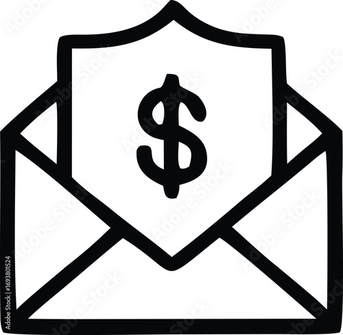 Open envelope with dollar sign and shield icon represents financial security and protected funds for business and investment