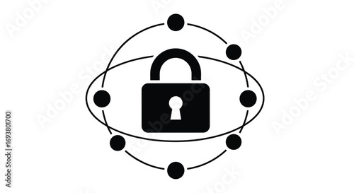 Vector illustration of black icon of a padlock surrounded by orbiting dots and ellipses, representing digital security and data protection