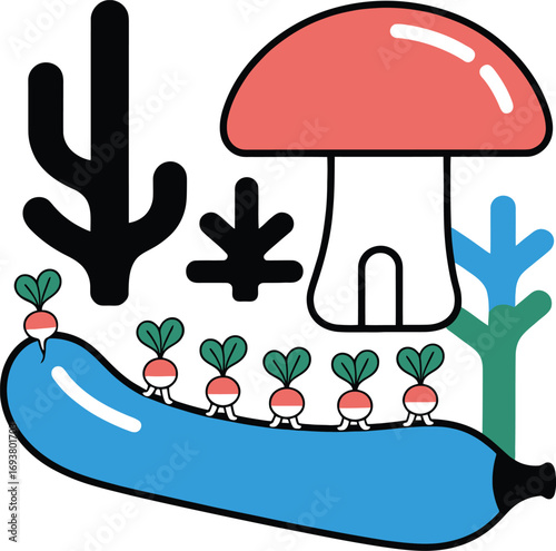 Whimsical garden scene with stylized plants, mushroom house, and row of radishes