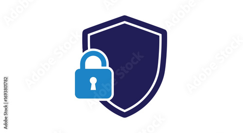 Vector illustration of blue shield icon with a smaller blue padlock in front, symbolizing security and protection