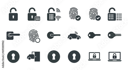 Vector illustration of collection of security and access icons including locks, fingerprints, keys, car, door, and laptop
