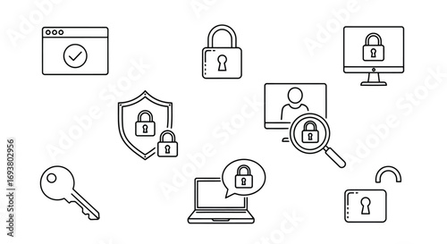 Vector illustration of collection of security and privacy icons including locks, shields, computer, and key