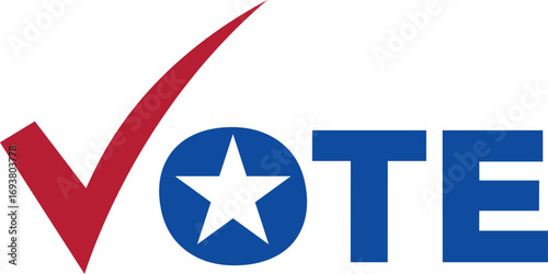 Patriotic vote logo design with bold blue typography, star inside letter O and red check mark, modern political election campaign vector illustration for democracy awareness and civic rights promotion