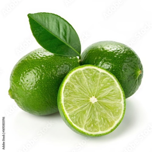fresh limes with leaf isolated on white background, juicy, zesty citrus fruits culinary and cocktail uses.