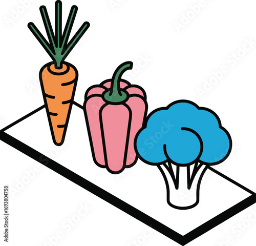 Vibrant isometric vegetables carrot bell pepper broccoli on white background