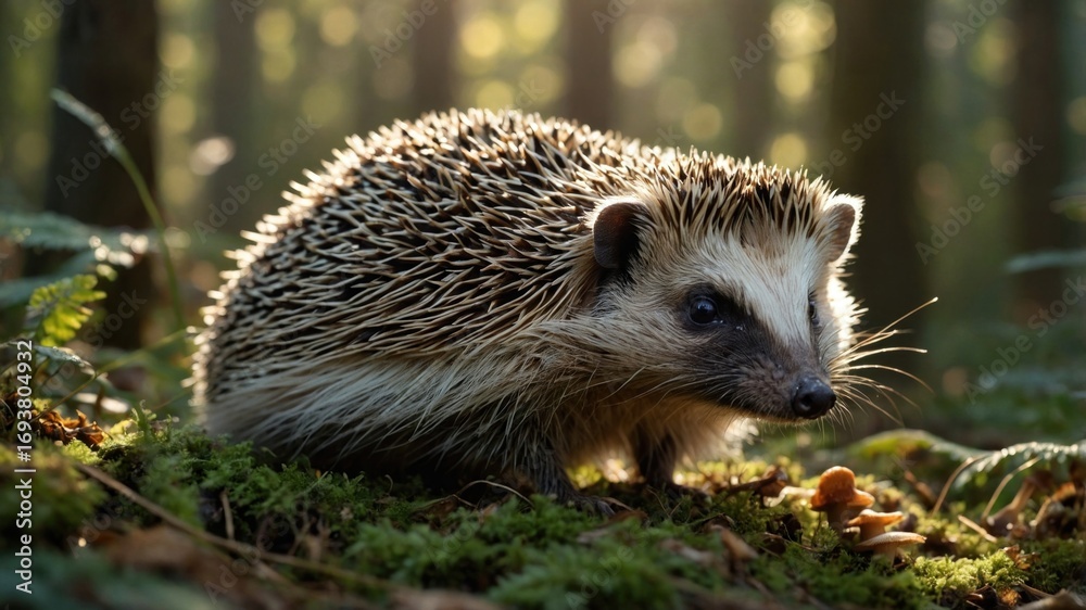 Fototapeta premium A hedgehog foraging for mushrooms in a sunlit forest, surrounded by lush greenery and soft light