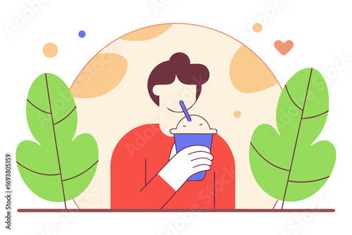 Person enjoying a refreshing drink with leaves and abstract shapes isolated on transparent background