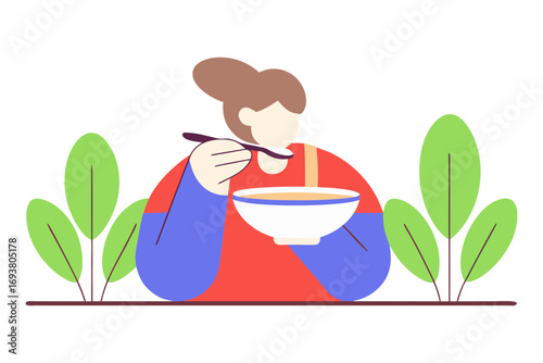 Person eating soup from a bowl with a spoon isolated on transparent background