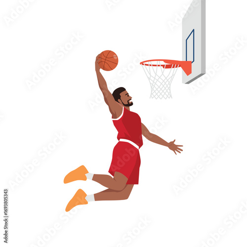 Basketball player in red uniform performing a slam dunk action. Flat vector illustration isolated on white background