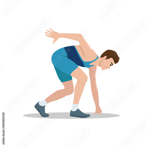 Male athlete in blue sportswear preparing to sprint at the starting position, symbolizing speed. Flat vector illustration isolated on white background