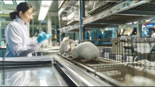 White laboratory mouse in controlled research environment during biomedical study with scientist in the background