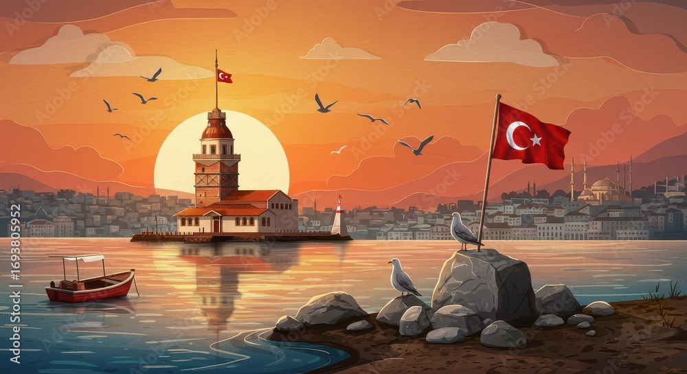 Obraz premium Maiden's Tower at Sunset: The iconic Maiden's Tower stands majestically against a fiery sunset, with the Turkish flag waving proudly.