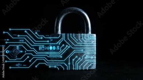 Wallpaper Mural A metallic padlock stands against a dark backdrop, illuminated by glowing blue circuitry. Torontodigital.ca