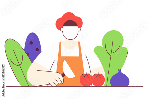 Chef preparing vegetables with knife and tomatoes isolated on transparent background