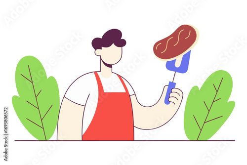 Man in apron holding sausage on spatula isolated on transparent background