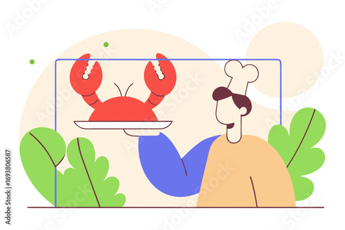 Chef presenting a whole crab dish isolated on transparent background