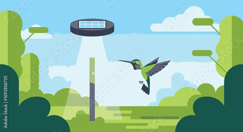Vector art of a hummingbird flies near a solar light in a serene garden setting, promoting ecofriendly energy and nature appreciation