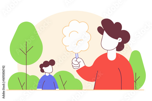 Parent and child enjoying cotton candy in a park isolated on transparent background