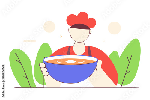 Chef holding a bowl of soup isolated on transparent background