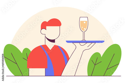 Waiter serving a glass of champagne isolated on transparent background