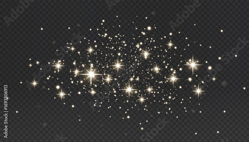 Christmas background with powder dust light in PNG format. Magical shining gold dust with fine, shimmering bokeh particles gently falling. Features a fantastic shimmer effect. 