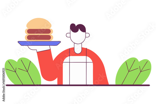 Cartoon character serving a large burger isolated on transparent background
