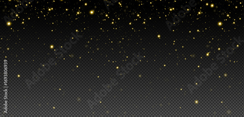 Christmas background with powder dust light in PNG format. Magical shining gold dust with fine, shimmering bokeh particles gently falling. Features a fantastic shimmer effect. 