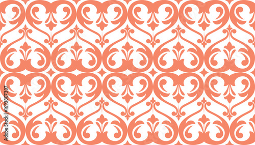 Wallpaper in the style of Baroque. White and pink floral ornament. Seamless vector background. Graphic pattern for fabric, wallpaper, packaging. Ornate Damask flower illustration