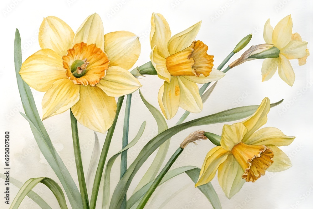 Fototapeta premium watercolor yellow daffodils on floral background