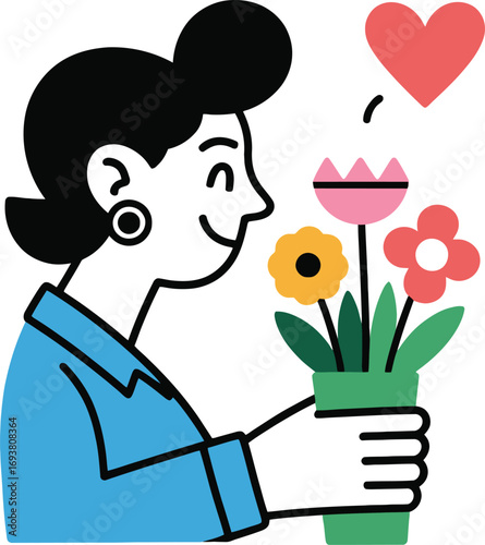 Joyful woman cherishes colorful flowers, feeling love and happiness
