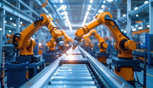 Two robotic arms welding on production line symbolize future of automation smart industry technology progress and modern engineering power