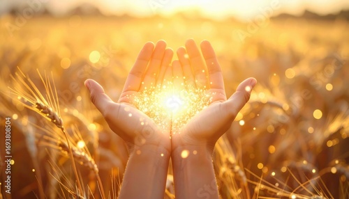 Hands hold glowing sunlight in golden wheat field at harvest time symbolizing abundance gratitude nature energy and spiritual blessing