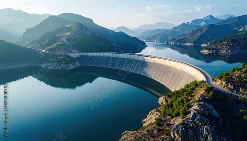 Panoramic view of curved dam set in serene mountain valley with still waters symbolizing harmony of technology, energy resource, nature and human ingenuity