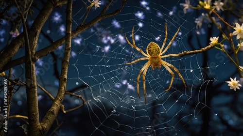A close-up of a spider weaving its intricate web among delicate flowers at twilight, showcasing nature's beauty