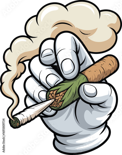 Cartoon hand holding smoking joint, marijuana cigarette with cloud of smoke, vector cannabis illustration for weed culture, stoner art, alternative lifestyle, and design use