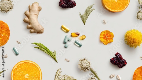 Fototapeta Naklejka Na Ścianę i Meble -  Assortment of fruits, herbs, and supplements on a light gray surface