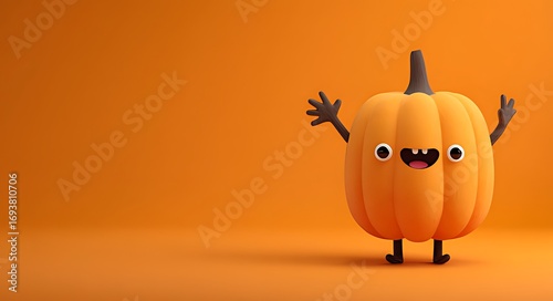 a cheerful cartoon pumpkin character waving happily against orange background