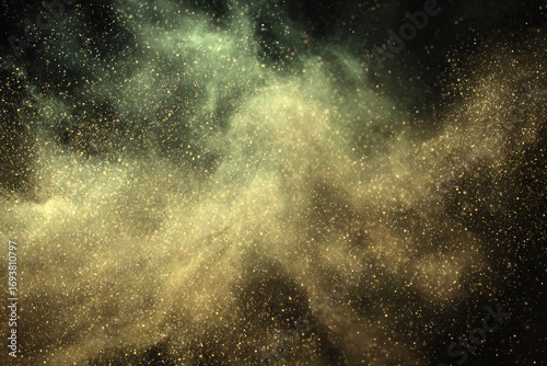 Abstract swirling nebula, gold and green hues, speckled with light