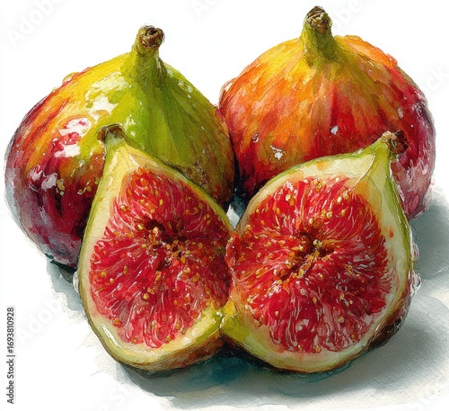 Still life of four figs, two whole and two halved, showcasing their vibrant colors and textures