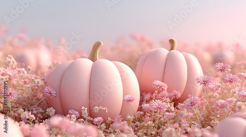 pink pumpkins nestled among soft fluffy flowers under gentle light