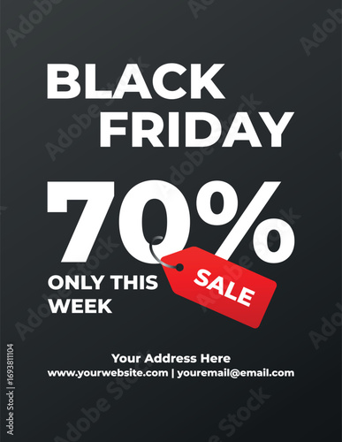 Black Friday banner with big 70 percent text, red Sale tag, advertising discount poster, promotion template design