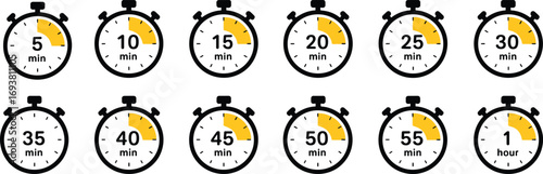 Stopwatch and timer icon set showing countdown intervals from 5 minutes to 1 hour, stopwatch countdown clock collection